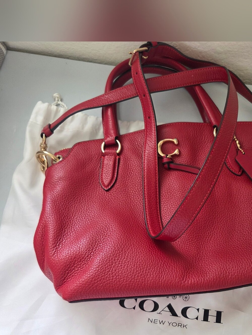 COACH Remi Red Leather Shoulder Bag - Classic Pebbled Tote - Picture 7 of 8